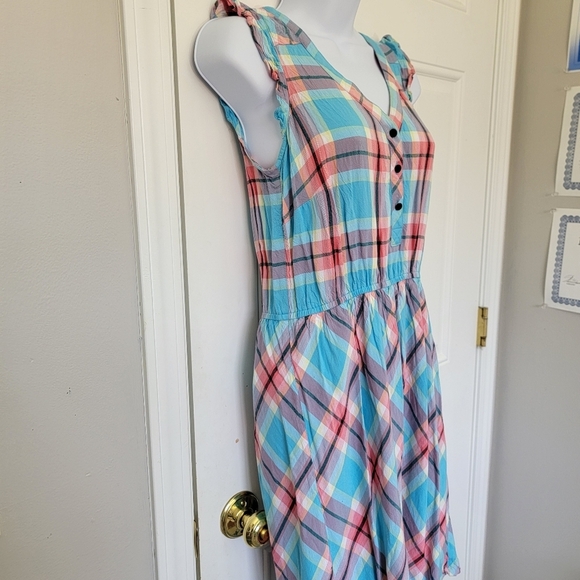 Kensie Blue Pink Plaid Ruffled Sleeveless Sundress V Neck Fit Flare Size Small - Picture 5 of 12